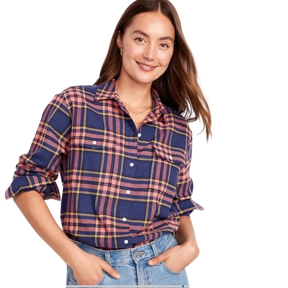 Old Navy NWT Boyfriend Plaid Flannel Button Down size Large - Picture 5 of 10